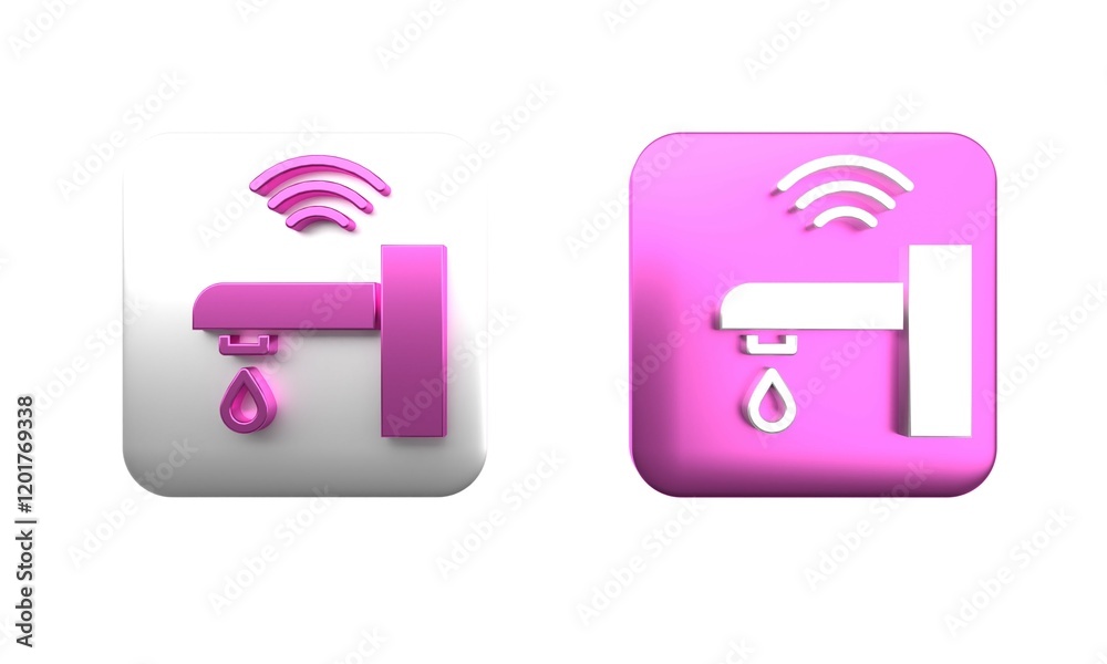Colorful Smart water tap system icon isolated on white background. Internet of things concept with wireless connection. Square button. 3D render illustration Colorful Smart water tap system icon isolated on white background. Internet of things concept with wireless connection. Square button. 3D render illustration
