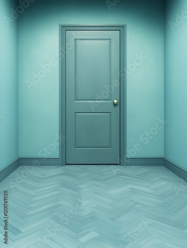 minimal interior with closed turquoise door and herringbone pattern floor in empty room with dramatic lighting