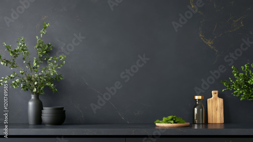 Sophisticated Kitchen Decor Featuring Soapstone With Faint Marbling and Fresh Greenery Accents