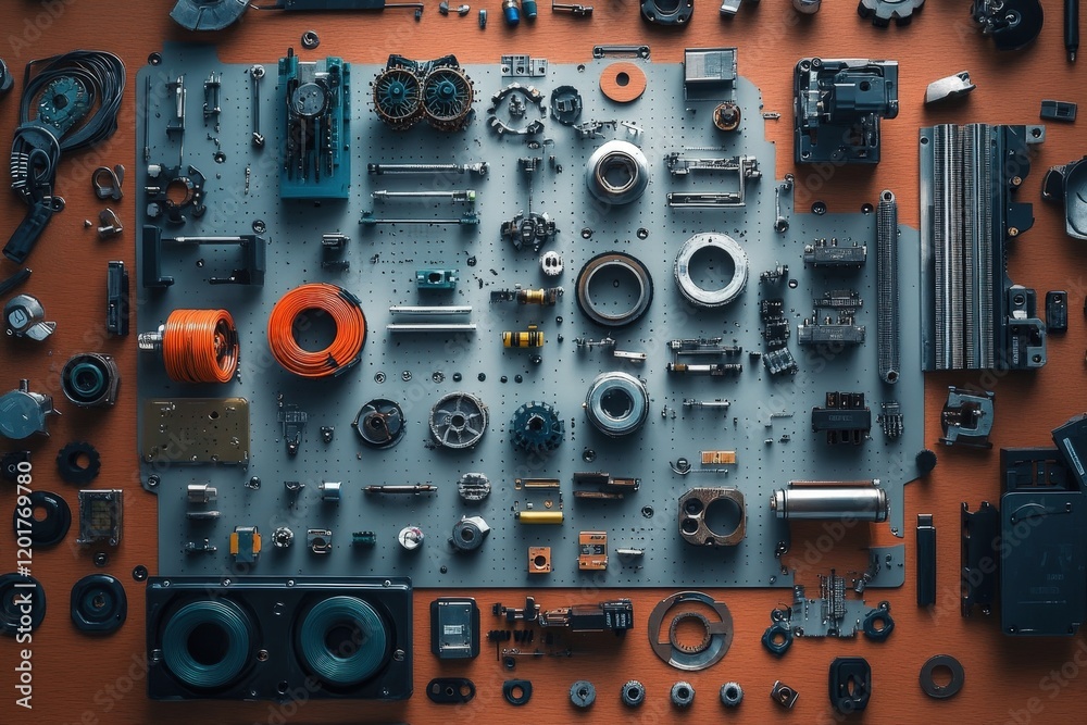A creative flat lay of robotic parts: servos, gears, and circuit boards arranged neatly on a workbench A creative flat lay of robotic parts: servos, gears, and circuit boards arranged neatly on a workbench