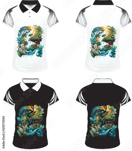 Men's t-shirt in different views with realistic style  and geometric retro traceries on shirts isolated Related tags