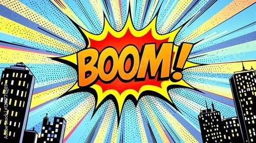 comics pop art style boom sign frame in bright colors, superhero party theme	
