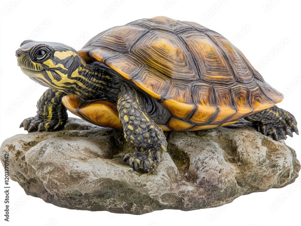 Obraz premium Turtle Resting on a Rock in a Natural Setting Amidst Lush Greenery and Calm Waters