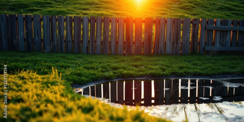 A wooden fence stands tall against a backdrop of lush green grass, reflecting in a small pool of water, illuminated by the warm glow of a setting sun. A wooden fence stands tall against a backdrop of lush green grass, reflecting in a small pool of water, illuminated by the warm glow of a setting sun.