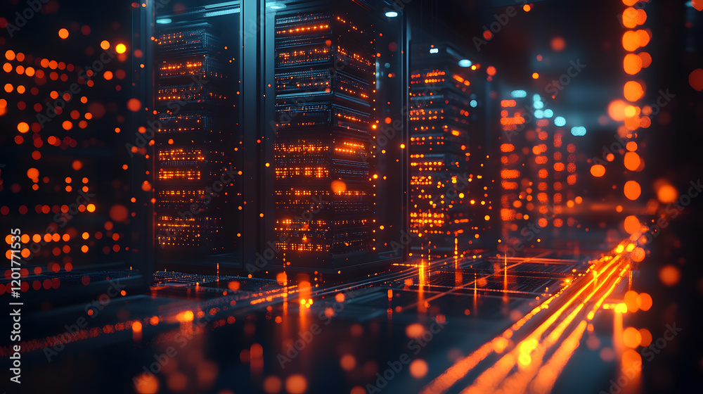 A tech office server room, with rows of glowing servers and intricate wiring, during a high-tech maintenance session A tech office server room, with rows of glowing servers and intricate wiring, during a high-tech maintenance session