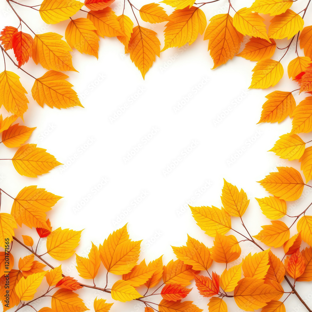 Border of yellow and orange leaves on white background with space for text, neutral backdrop, artistic layout Border of yellow and orange leaves on white background with space for text, neutral backdrop, artistic layout