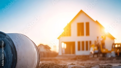 A construction site at sunset with a house and machinery in the background.