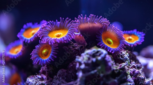 Zoanthids corals showing their vibrant colors in aquarium reef tank photo