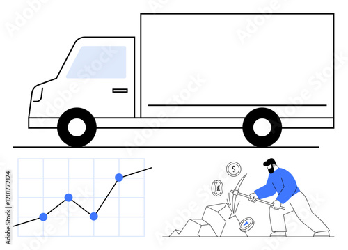 Truck for logistics, growth chart rising, worker extracting coins with pickaxe. Ideal for business growth, logistics, e-commerce, investments, supply chain, mining wealth creation abstract line