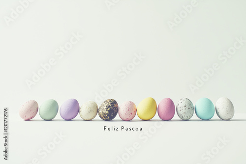 Pastel Easter eggs in a row with Feliz Pascoa text on white background
 photo