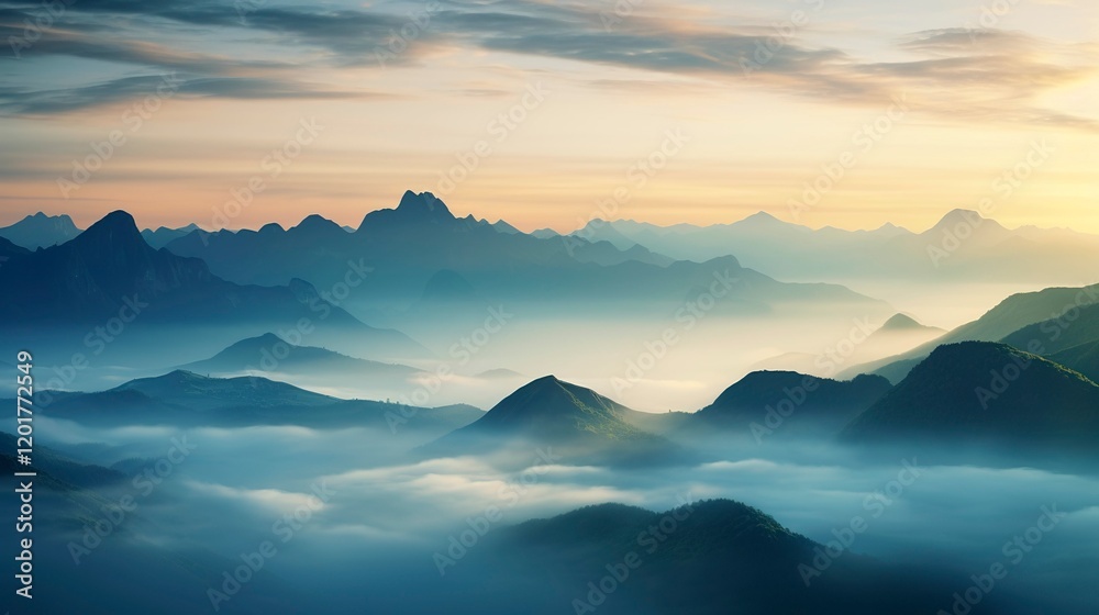 Obraz premium A photo of a mist-covered mountain range at dawn