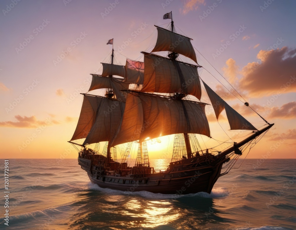 Caravel with sails half raised on the shore at sunset , waves, half Caravel with sails half raised on the shore at sunset , waves, half
