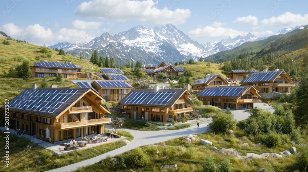 Eco-friendly village nestled in scenic mountains with solar panels. Eco-friendly village nestled in scenic mountains with solar panels.