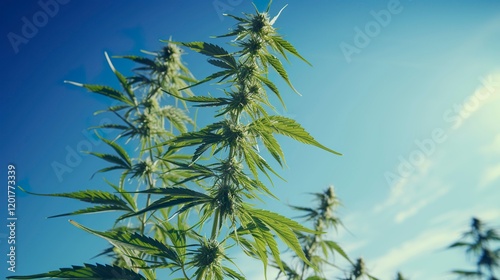 A photo of a hemp plant against a blue sky