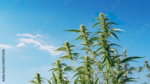 A photo of a hemp plant against a blue sky