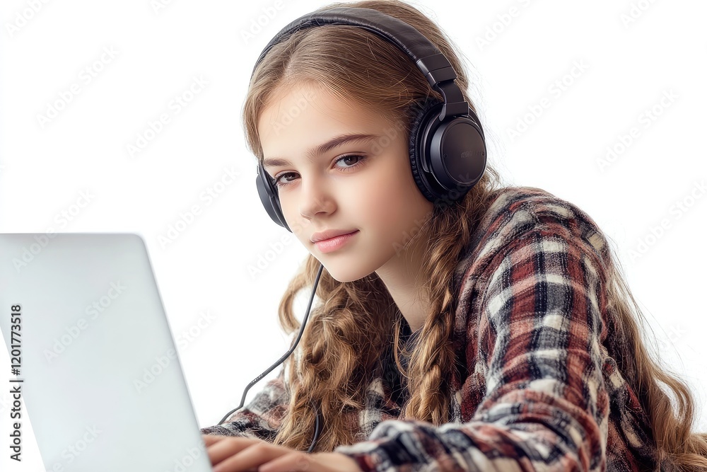 Teenage girl wearing headphones working on laptop computer Teenage girl wearing headphones working on laptop computer