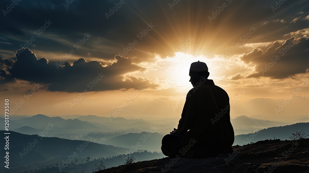 Silhouette of a devout man pray to the Allah on hill Silhouette of a devout man pray to the Allah on hill
