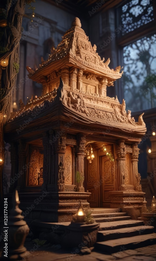 Naklejka premium Clay temple with intricate carvings and fairy lights , clay doll, indian