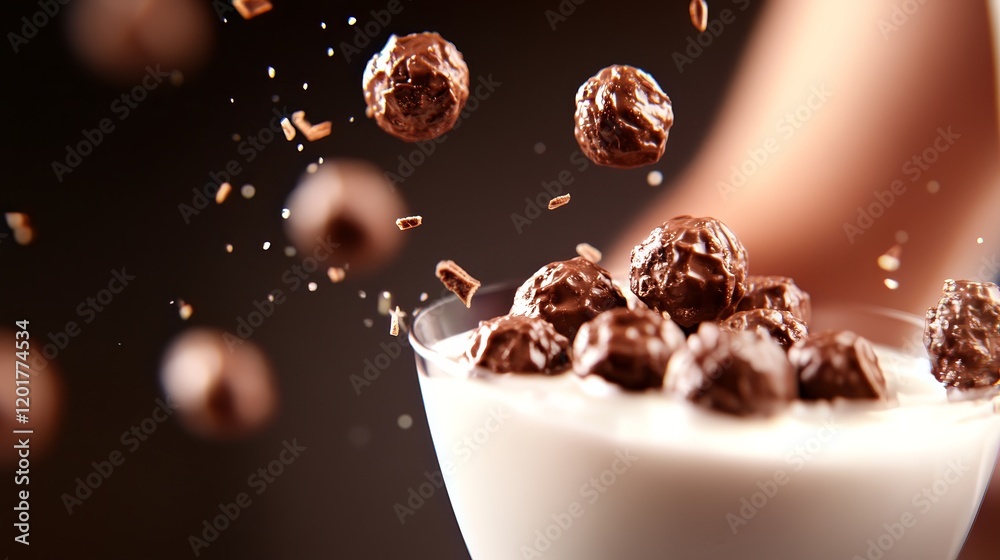 A close-up of chocolate balls falling into a creamy dessert, creating a delightful scene. A close-up of chocolate balls falling into a creamy dessert, creating a delightful scene.