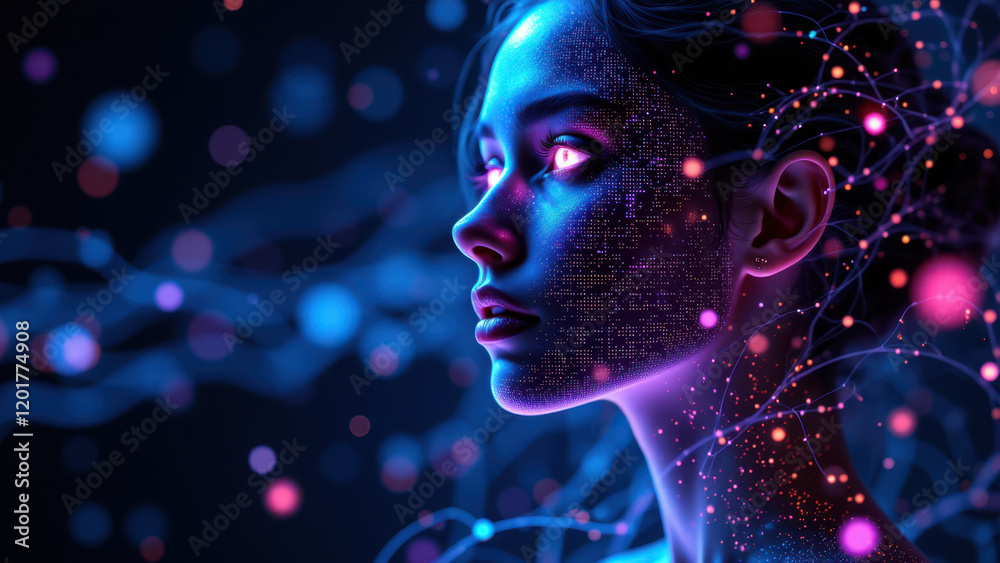 A woman with AI elements forming her head, suggesting an artificial intelligence concept or character. A woman with AI elements forming her head, suggesting an artificial intelligence concept or character.