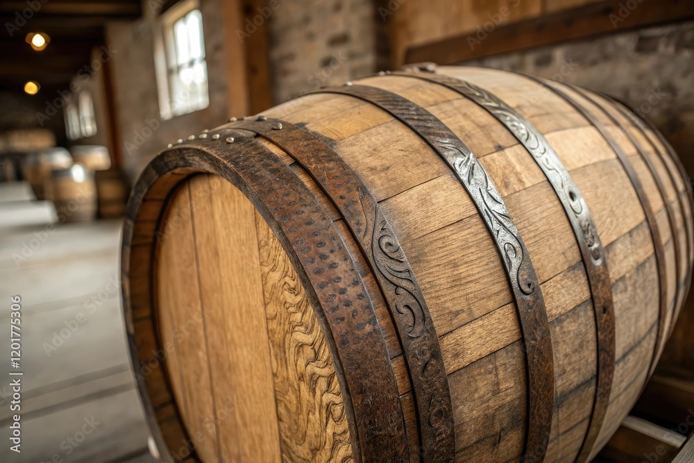 Close-up of a single bourbon barrel with intricate woodgrain, wooden crates, rickhouse, barrel production Close-up of a single bourbon barrel with intricate woodgrain, wooden crates, rickhouse, barrel production