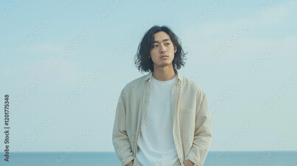 A man with long hair is standing on a beach A man with long hair is standing on a beach