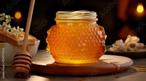 A photo of a honey jar with honeycomb