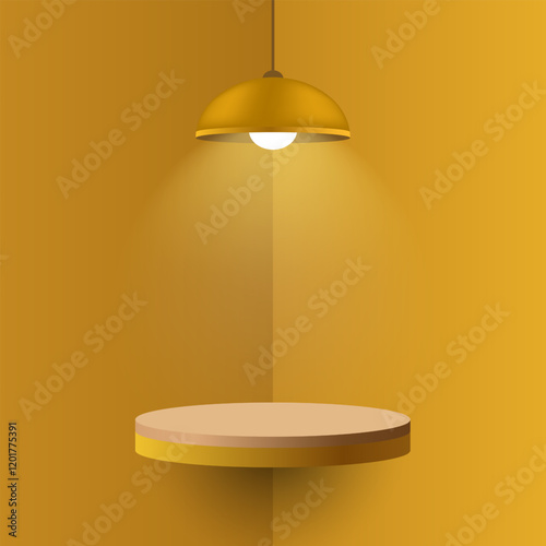 Yellow pendant lamp illuminating a round floating shelf. Minimalistic interior design with soft shadows and warm light, cozy atmosphere, mockup design with spotlight effect