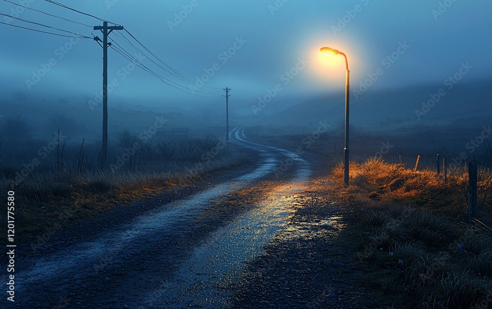 Foggy road at night with a single lamppost. Foggy road at night with a single lamppost.