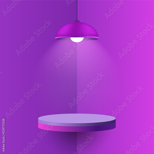 Purple pendant lamp illuminating a round floating shelf. Minimalistic interior design with soft shadows and warm light, cozy atmosphere, mockup design with spotlight effect