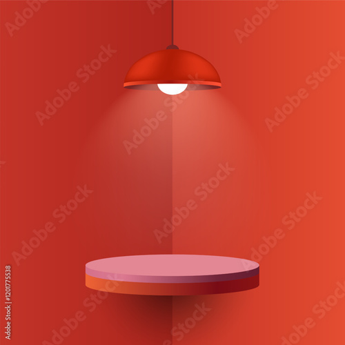 Red pendant lamp illuminating a round floating shelf. Minimalistic interior design with soft shadows and warm light, cozy atmosphere, mockup design with spotlight effect