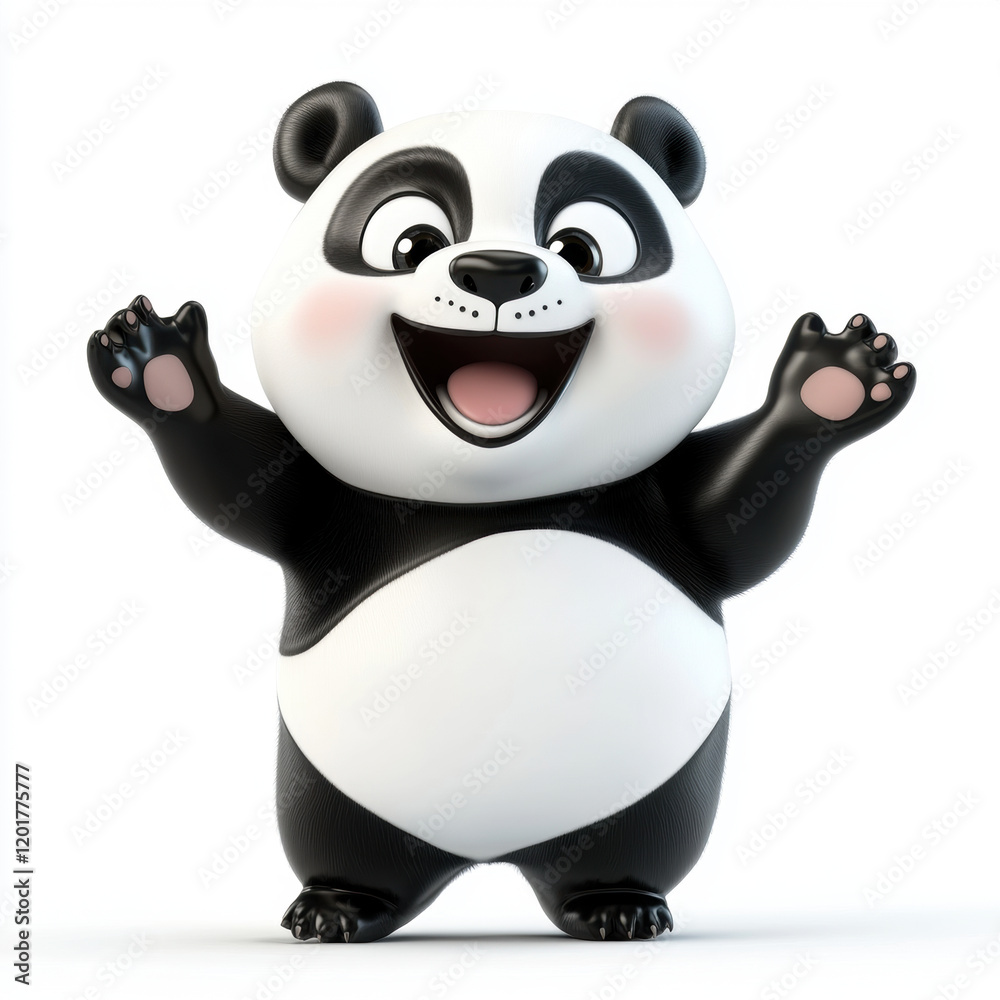 Naklejka premium Cute cartoon panda character with joyful expression, arms raised in excitement. This playful design features black and white color scheme, perfect for children illustrations or animations