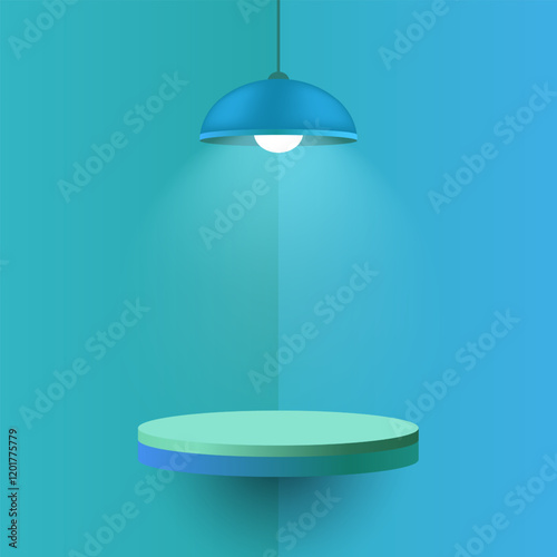 Blue pendant lamp illuminating a round floating shelf. Minimalistic interior design with soft shadows and warm light, cozy atmosphere, mockup design with spotlight effect