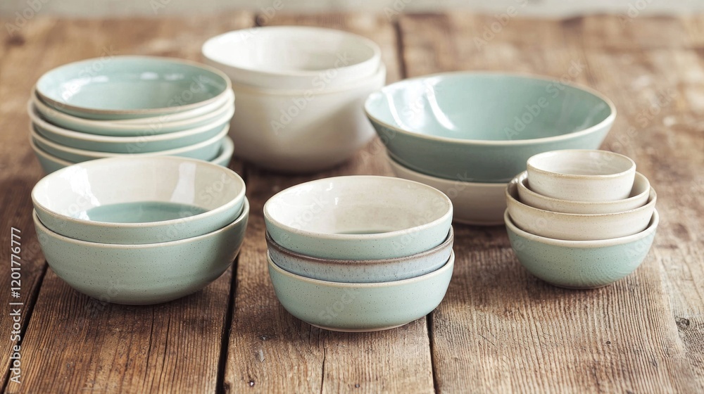 Stacked ceramic bowls in teal and white on wood. Stacked ceramic bowls in teal and white on wood.