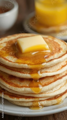 Close-up shot of a stack of fluffy pancakes with a generous drizzle of melted butter on top, sweet, brunch, pancakes