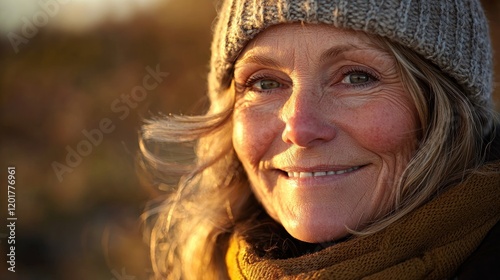 Happy senior woman smiling outdoors in autumn light.