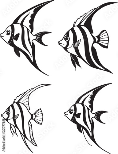 A vector image in black and white displaying three different angelfish silhouettes, highlighting their graceful shapes