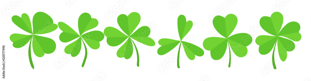 Row of six green shamrocks with heart-shaped leaves isolated on a white background. Flat illustration design. St. Patricks Day celebration and Irish luck concept Row of six green shamrocks with heart-shaped leaves isolated on a white background. Flat illustration design. St. Patricks Day celebration and Irish luck concept