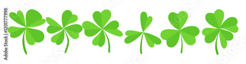 Row of six green shamrocks with heart-shaped leaves isolated on a white background. Flat illustration design. St. Patricks Day celebration and Irish luck concept