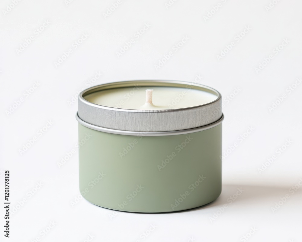 A stylish green candle in a tin container, perfect for creating a cozy atmosphere. A stylish green candle in a tin container, perfect for creating a cozy atmosphere.