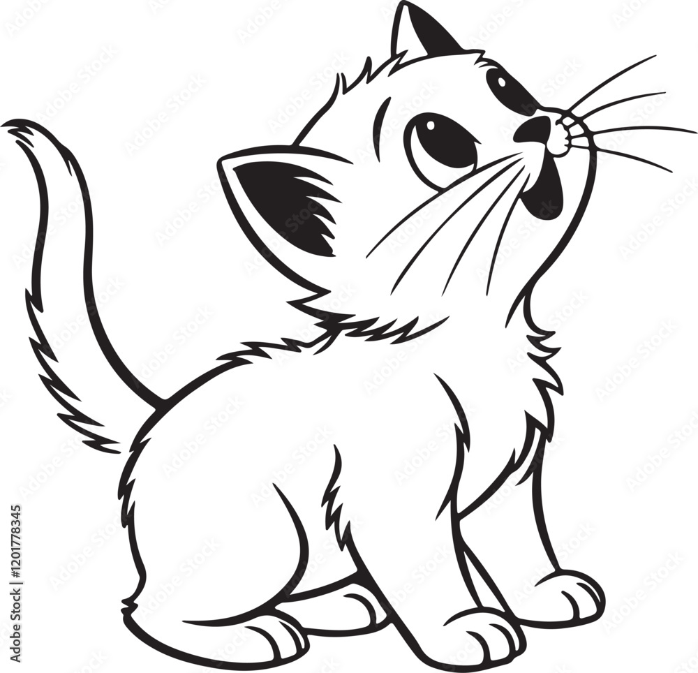 A cartoon kitten coloring page illustration, showcasing a kitten sitting on the ground with a cat vector logo silhouette A cartoon kitten coloring page illustration, showcasing a kitten sitting on the ground with a cat vector logo silhouette