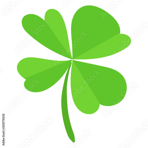 Four-leaf green clover with heart-shaped leaves isolated on a white background. Simple flat illustration. St. Patrick's Day and luck symbol concept