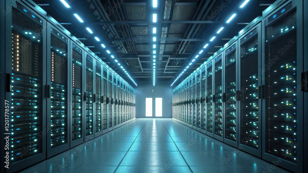 futuristic data center with illuminated server racks and glowing lights futuristic data center with illuminated server racks and glowing lights
