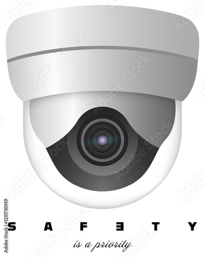 Security. White dome surveillance camera with modern design and text emphasizing safety as a priority. Monitoring, protection, safety systems, video surveillance, advanced security technology