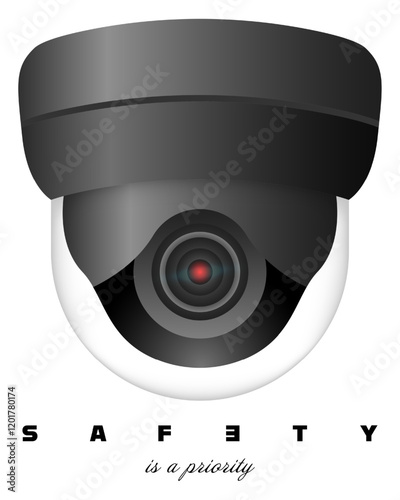 Security. Black dome surveillance camera with modern design and text emphasizing safety as a priority. Monitoring, protection, safety systems, video surveillance, advanced security technology