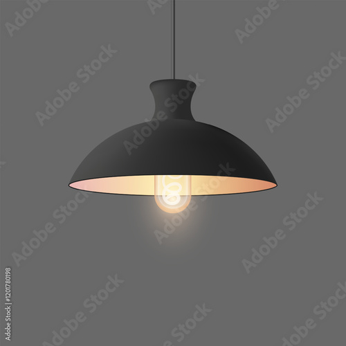Lighting. Hanging black pendant lamp with glowing light bulb, warm ambiance. Interior lighting, modern design, home decor, illumination, and minimalist style for residential or commercial spaces