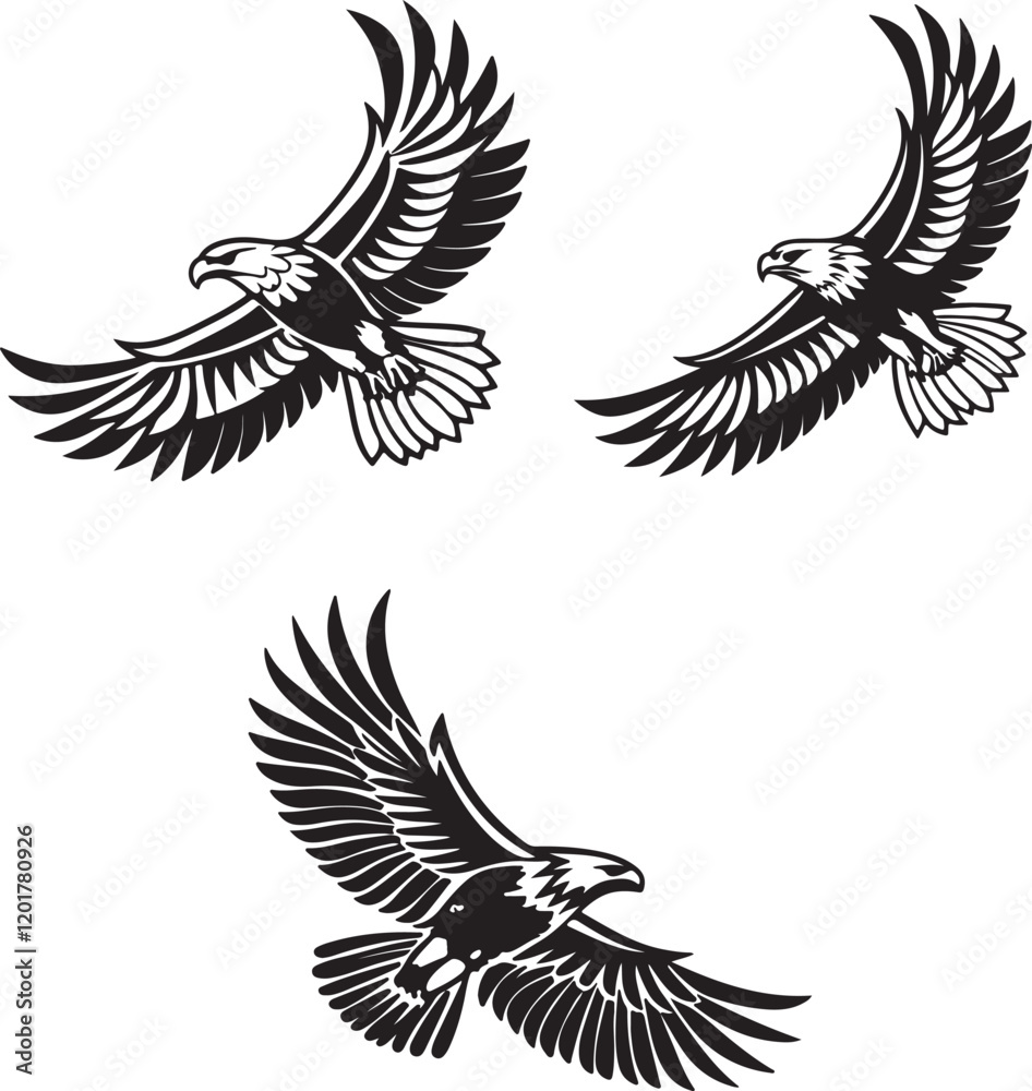 Obraz premium Vector illustration of a flying eagle, available for purchase at $1 USD, showcasing its majestic wingspan