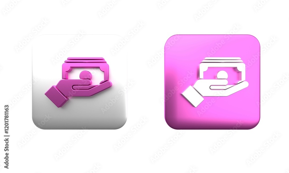 Colorful Stacks paper money cash in hand icon isolated on white background. Insurance concept. Money banknotes stacks. Bill currency. Square button. 3D render illustration Colorful Stacks paper money cash in hand icon isolated on white background. Insurance concept. Money banknotes stacks. Bill currency. Square button. 3D render illustration