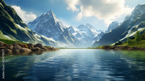 A photo of a majestic mountain range with a serene view