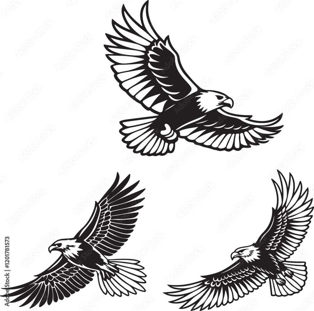 Obraz premium Vector illustration of a flying eagle, available for purchase at $1 USD, showcasing its majestic wingspan